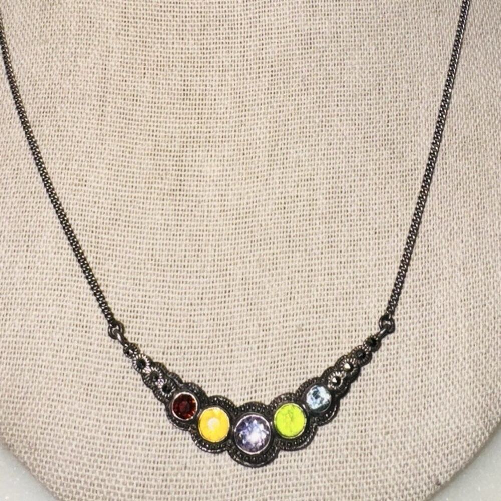 TH 925 Sterling Silver Curved Collar Necklace Multi Gemstone Design